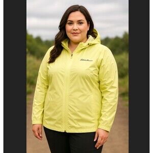 EDDIE BAUER Cloud Cap Rain Jacket Women XXL 2XL TALL Yellow Hooded Zip Packable